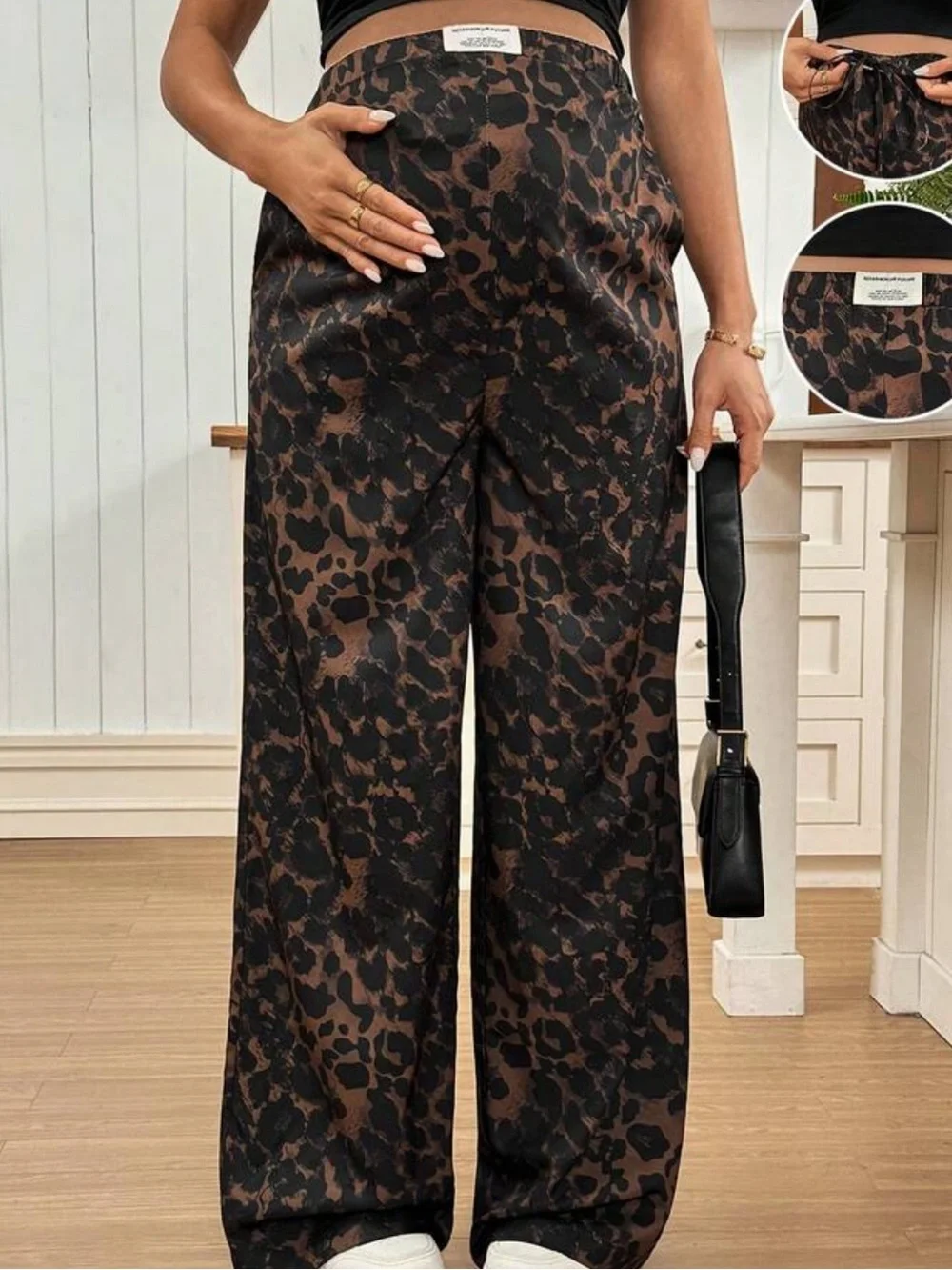 SHEIN Maternity Wide-Leg Leopard Cheetah Print Elastic Waistband Pants